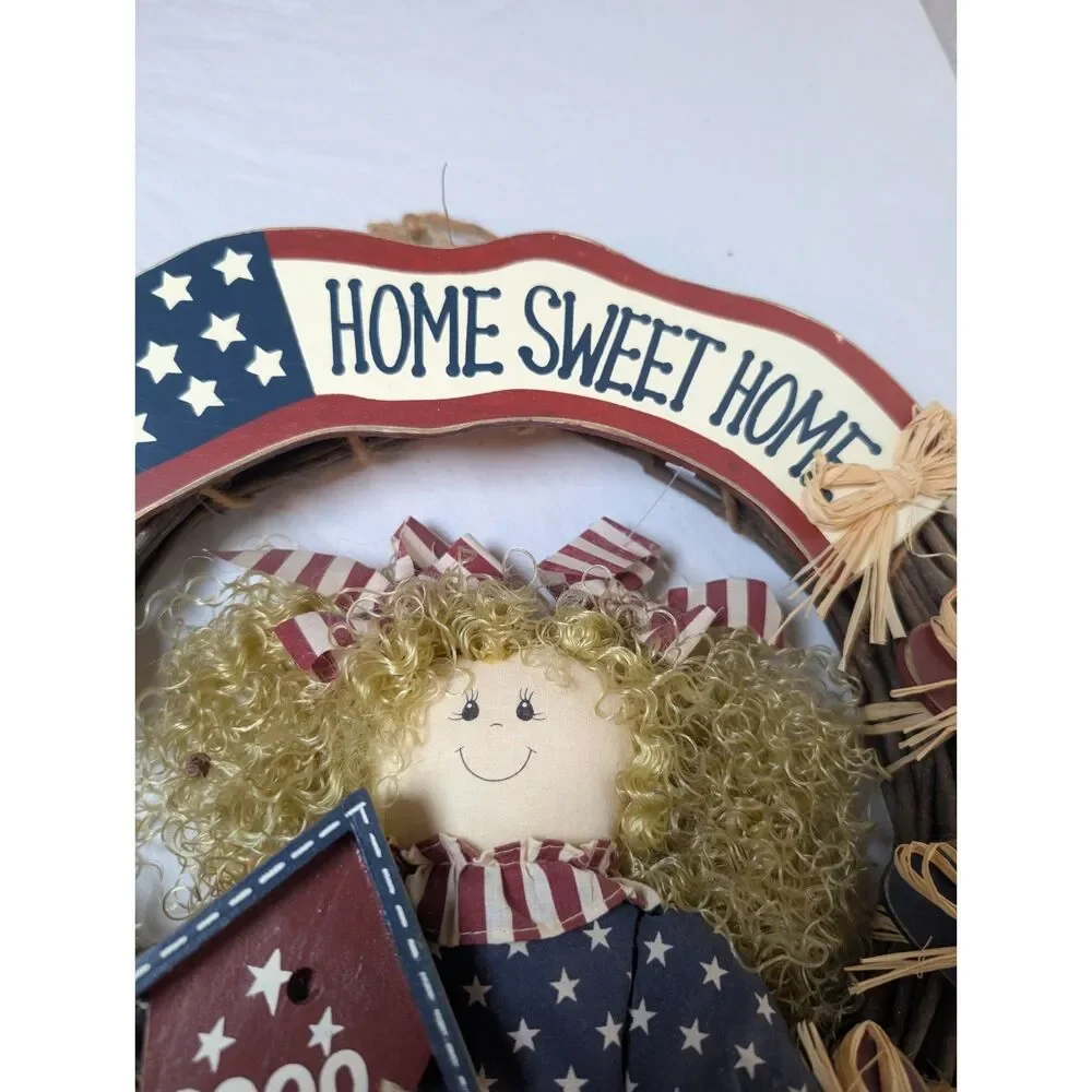 Vintage Millennium 2000 Americana Rag Doll Grapevine Home Sweet Home Wreath USA